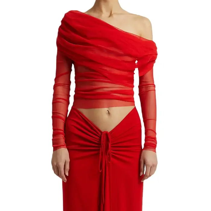 Femmes chemises courtes manches longues épaules dénudées hauts plissés décontracté élégant Sexy maille pure Blouse