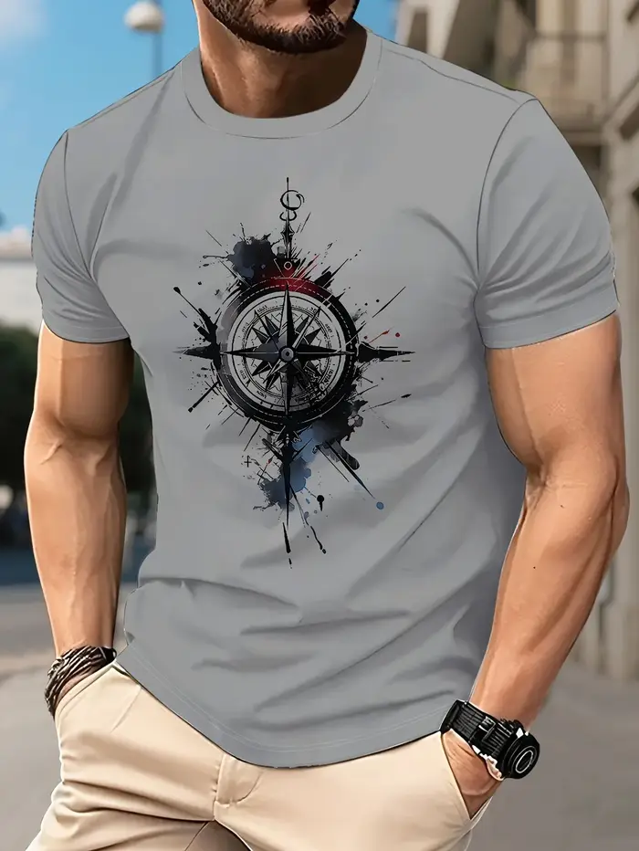 T-shirt pour homme en coton 100% doux de qualité supérieure avec impression artistique nautique de boussole et