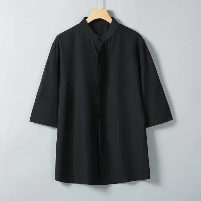 Chemise d'été à manches courtes et col Mandarin pour hommes, couleur unie, haut décontracté léger et
