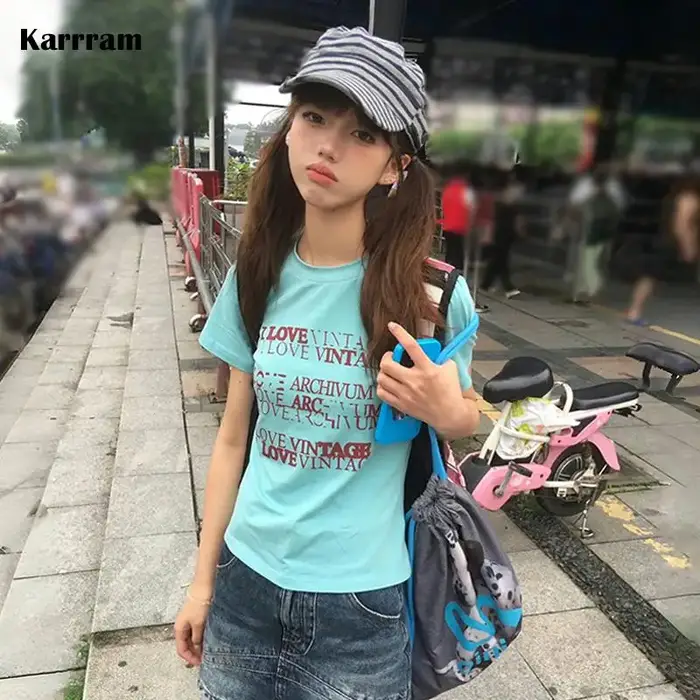 Karrram japonais Y2k lettre impression T-shirt Trashy 2000s Style haut court Vintage Harajuku manches courtes