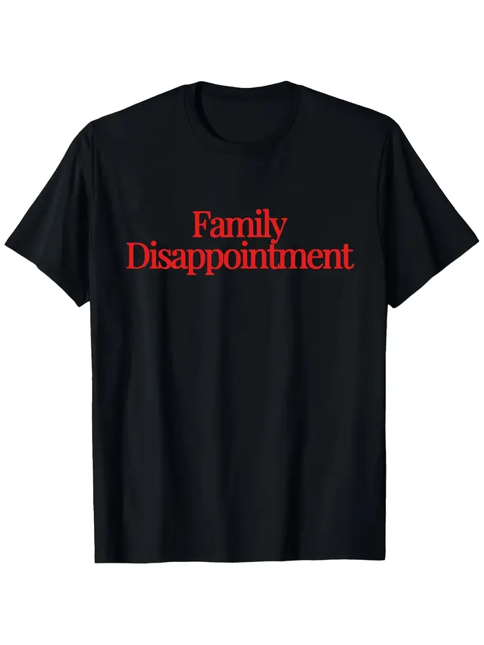 T-shirt graphique « Family Disappointment » avec texte rouge, imprimé minimaliste et sarcaste, style