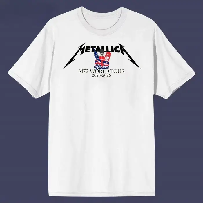 T-shirt Metallica M72 London 2026 avec les dates de la tournée mondiale des membres du groupe