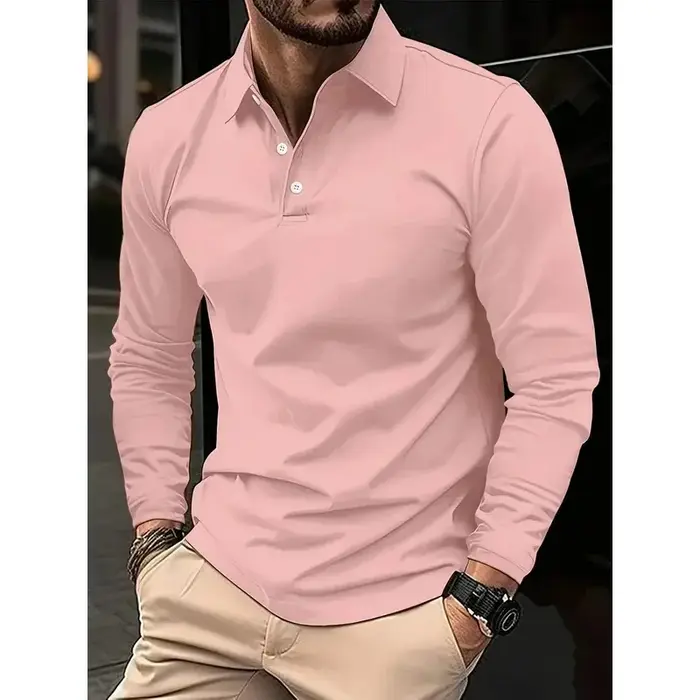 Classique hommes simple couleur unie revers polos printemps automne affaires loisirs voyage en plein air amis fête à manches longues hauts