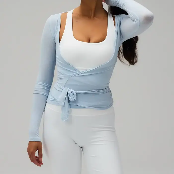 Femmes Yoga Wrap cravate hauts Y2k solide à manches longues coupe ajustée culture