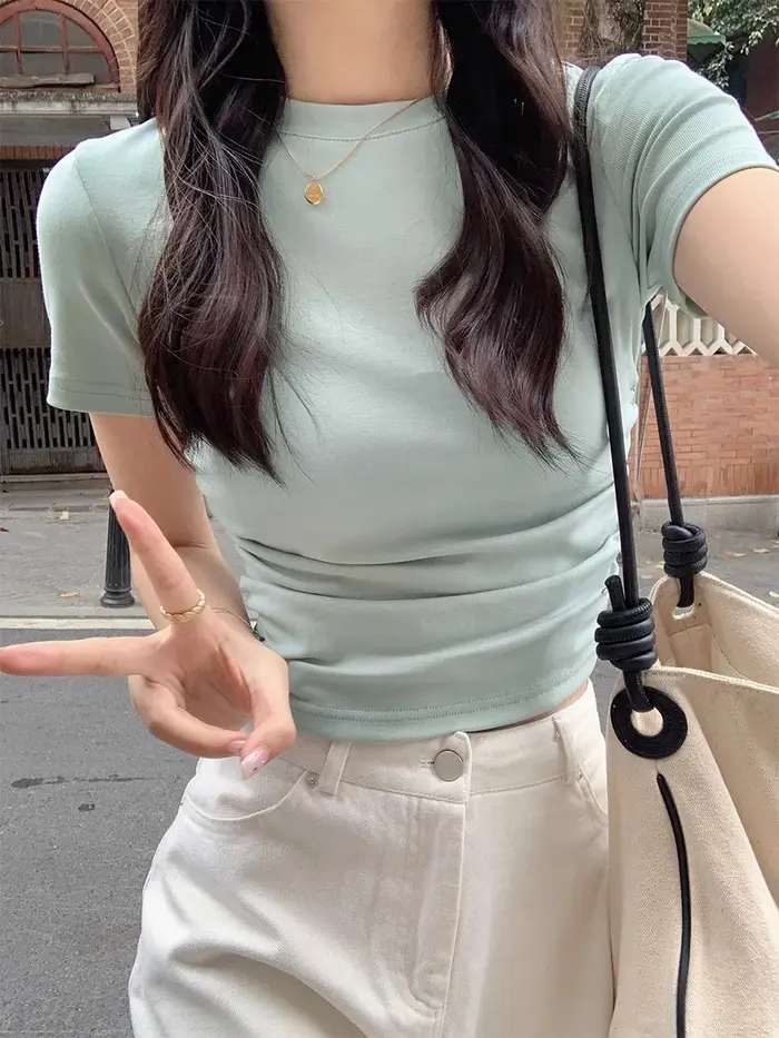 T-Shirt à manches courtes et col rond pour femmes, polyvalent, coupe cintrée, couche inférieure, vêtements d'extérieur