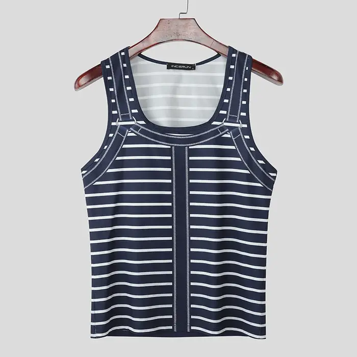Débardeurs Homme Tricotés à Rayures Imprimées Col Rond Sans Manches Gilets Masculins Streetwear Été 