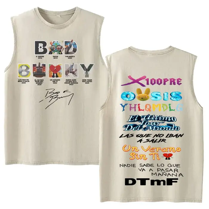 Débardeurs Vintage Effet Délavé Hip Hop Hot Singer Bad Bunny Debi Tirar Mas Fotos DTMF Y2K – T-shirts Sans Manches Tendance pour Hommes et Femmes