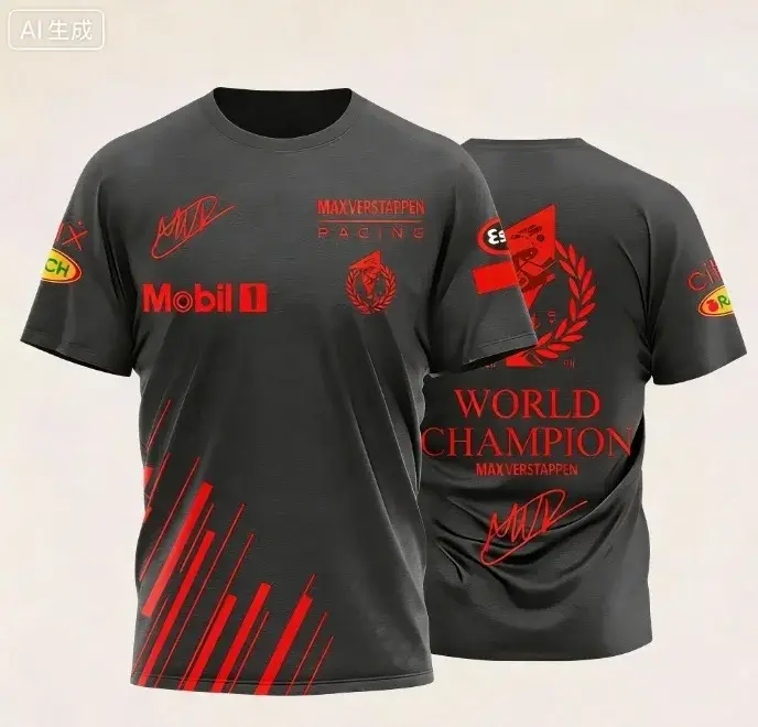 T-shirt avec la signature du champion du monde et les logos de l'événement, vêtement décontracté con