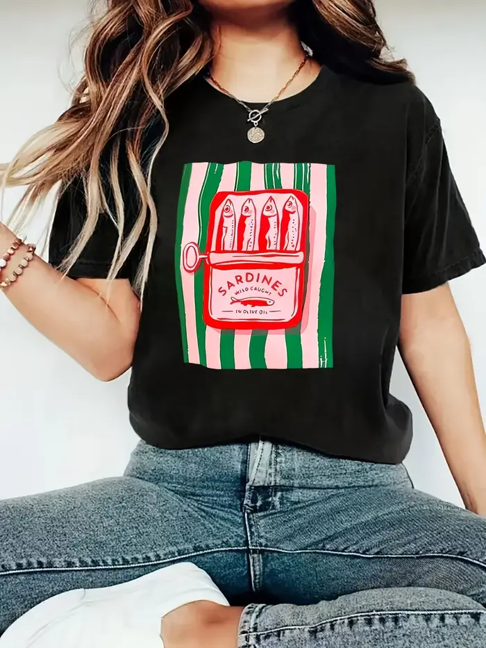 Sardines peuvent motif imprimé femmes T-shirts décontractés décontracté polyvalent