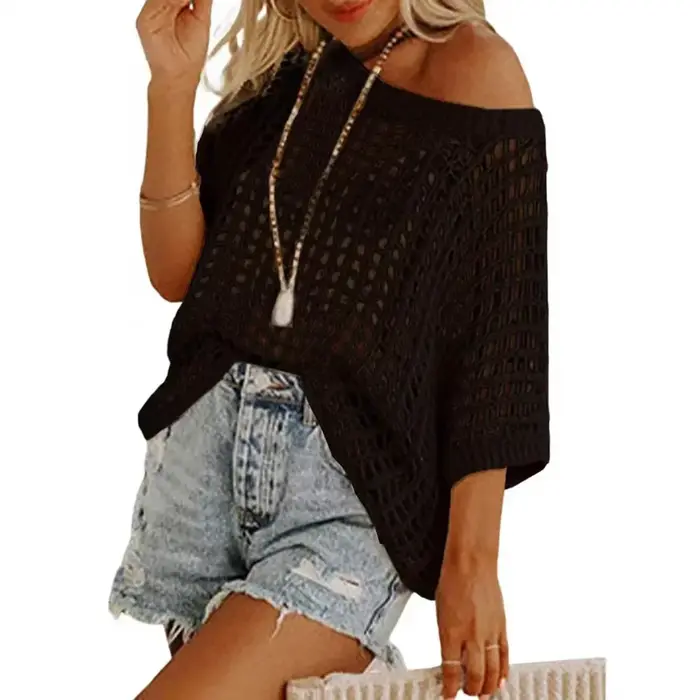 Pull-over sexy à manches trois-quarts ajouré pour femme, collection été 2024, idéal pour la plage, en maille tricotée
