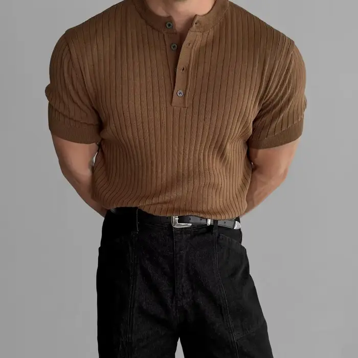 Chemise Henley côtelée ajustée pour homme, manches courtes, boutonnée, décontractée, style muscle
