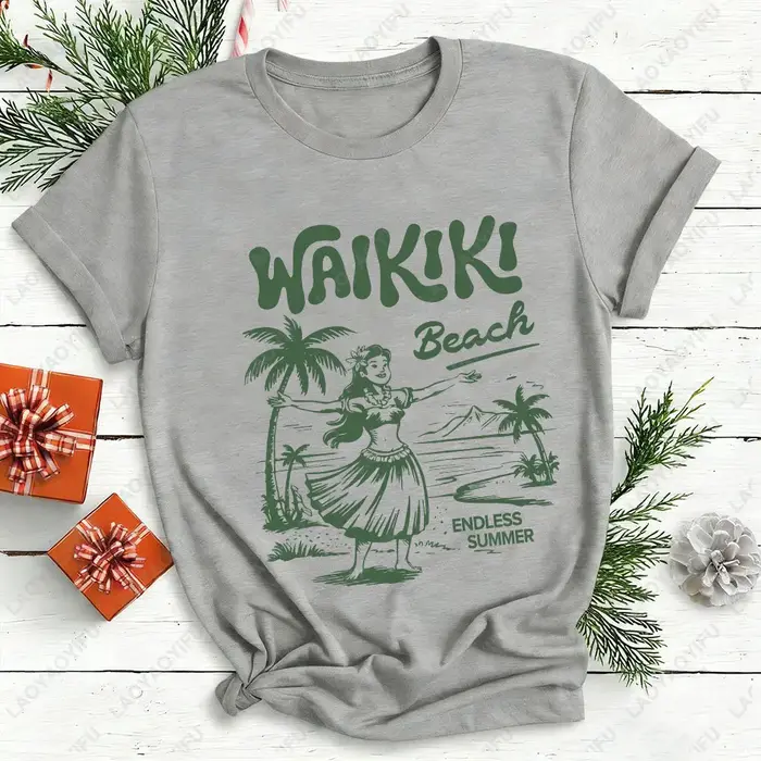 Waikiki chemise de plage Hawaii graphique T-Shirt Hula Girl Vintage île