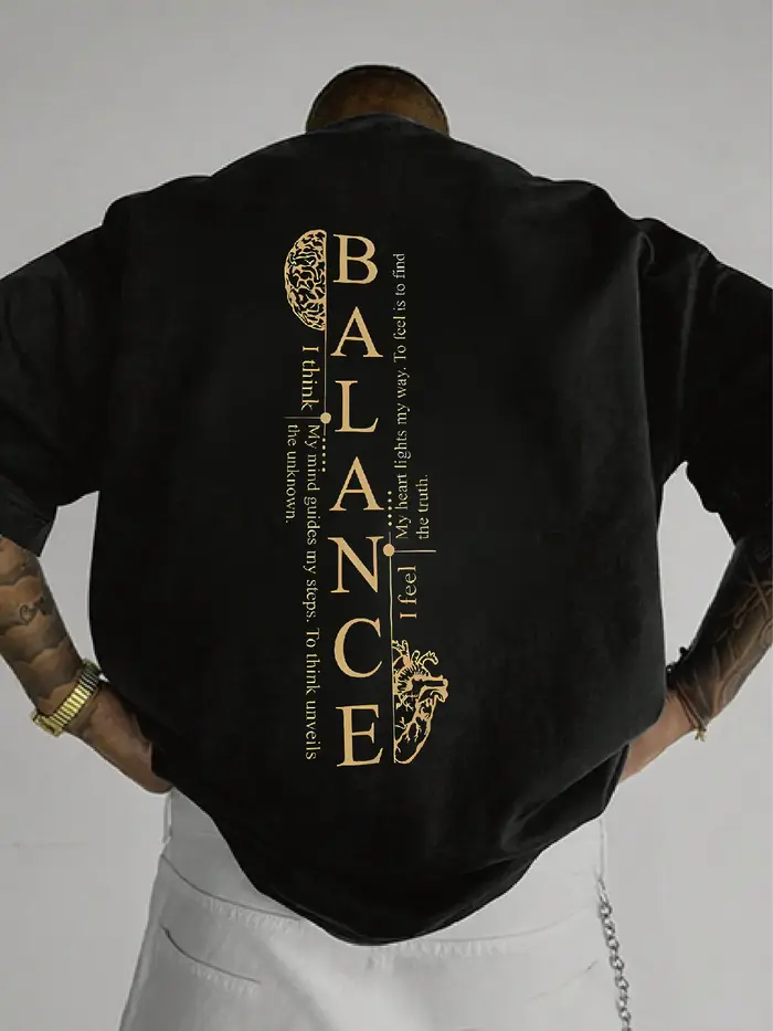 T-shirt bleu simple à manches longues avec slogan spirituel "BALANCE" imprimé, adapté aux loisirs qu