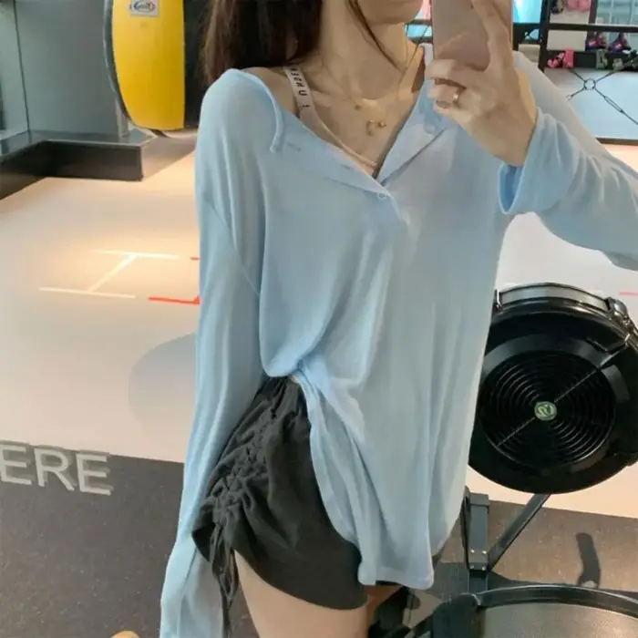 T-shirt à manches longues et col en V pour femme