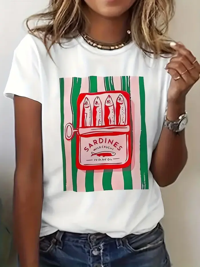 T-shirt graphique rétro Sardines Fish pour femme - Haut décontracté d'été à manches courtes et col r