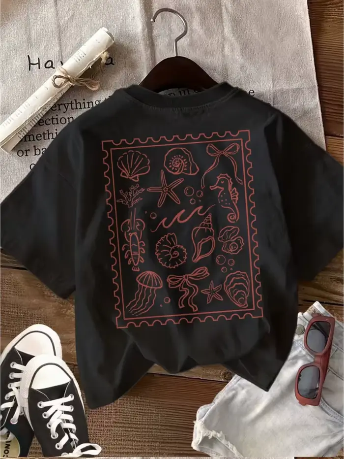 T-shirt unisexe décontracté d'été avec motifs d'animaux marins (hippocampe