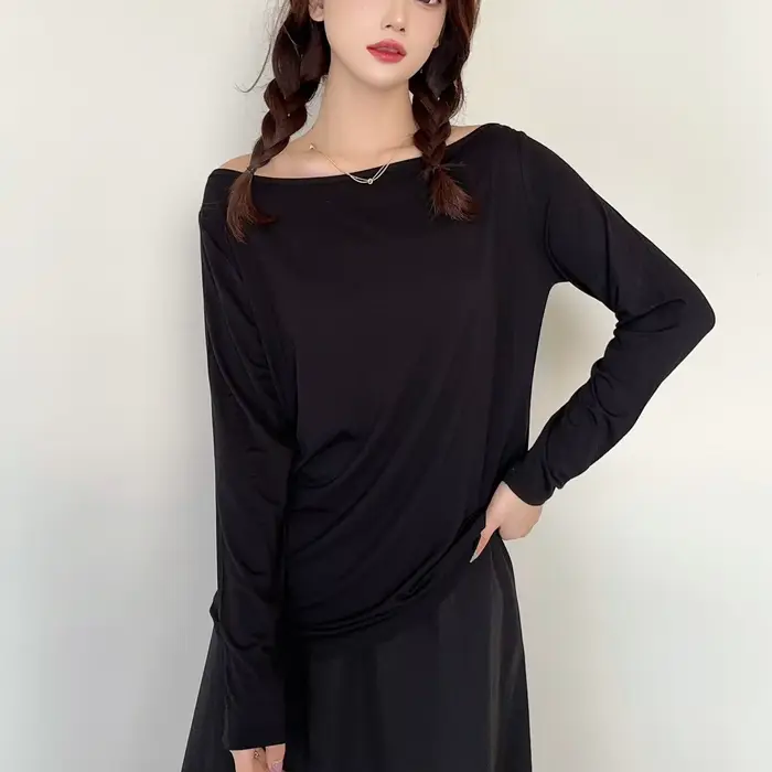 Modal col bateau t-shirts manches longues femmes coupe ajustée T-Shirt couleur unie couche de Base haut maillot de