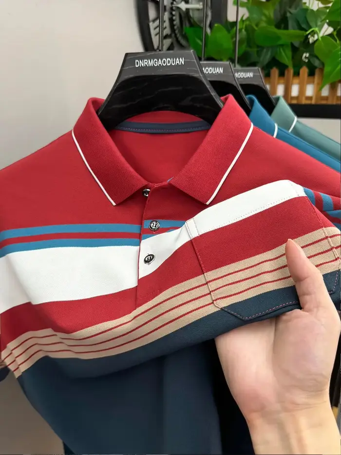 Polo pour homme pour les sports et loisirs d'été, manches courtes, avec rayures teintes en fil et po