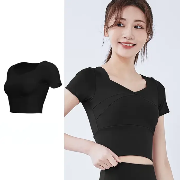 T-shirt Manches Courtes pour Femme, Slim, Solide, avec Coussinets de Poitrine, Yoga, Gym, Entraîneme
