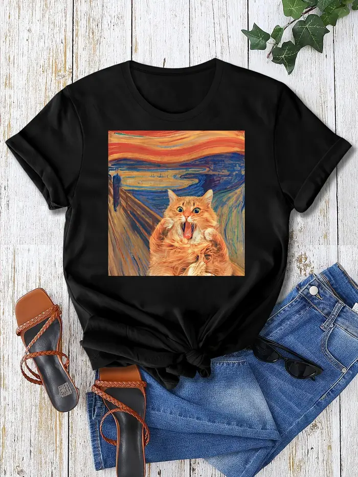 T-shirt à manches courtes imprimé chat effrayant vintage pour femmes, haut en coton, col rond, class