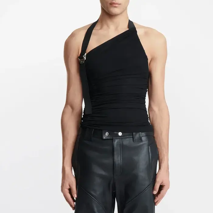 Nouveaux hommes personnalisés gilet hauts sangle épaule creux tricoté débardeurs élastique mince Fit