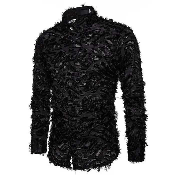 Chemise noire sexy à manches longues et plumes pour hommes