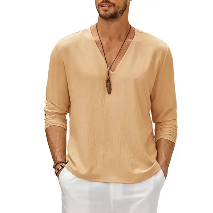 T-shirt à manches longues en coton et lin pour hommes