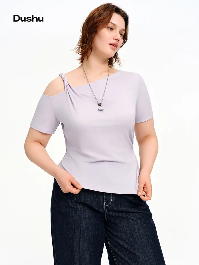 DUSHU T-shirt asymétrique à épaules dénudées pour femme, coupe irrégulière, été 2026, manches courte
