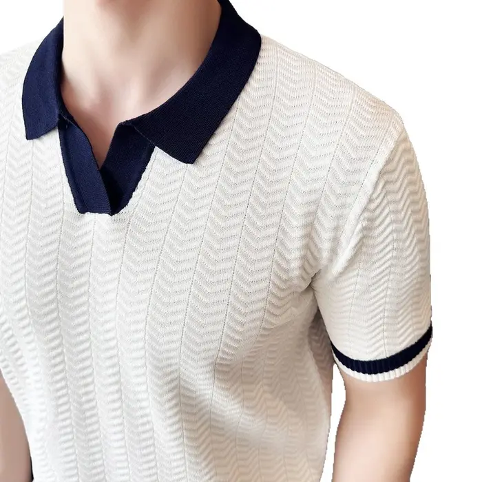 Mode nid d'abeille Texture contraste couleur t-shirts hommes tricotés polos été à manches courtes mince hauts élastique