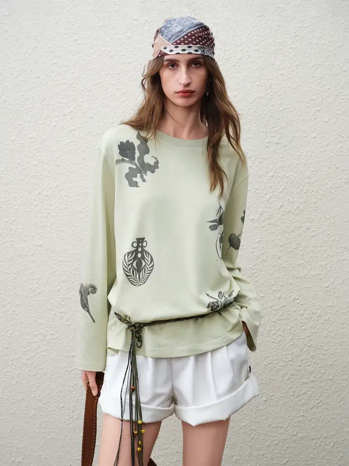 FSLE 【Série Premium】 T-shirt à manches longues pour femme en mélange de lin à imprimé botanique