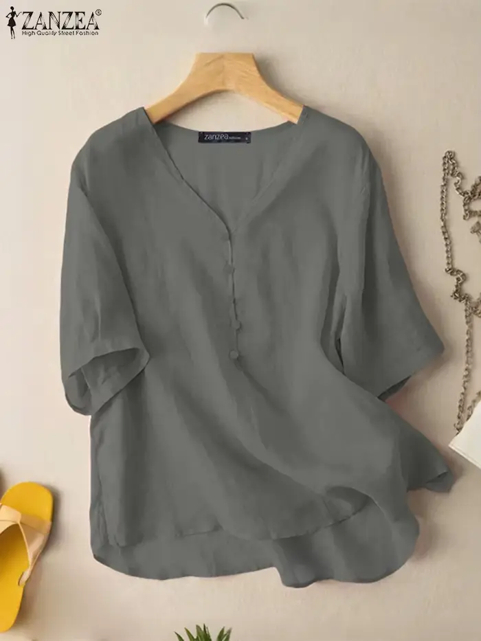 ZANZEA femmes Blouses Vintage 2025 été décontracté col en v demi manches haut-bas Blusas Mujer confort week-end couleur unie tunique hauts