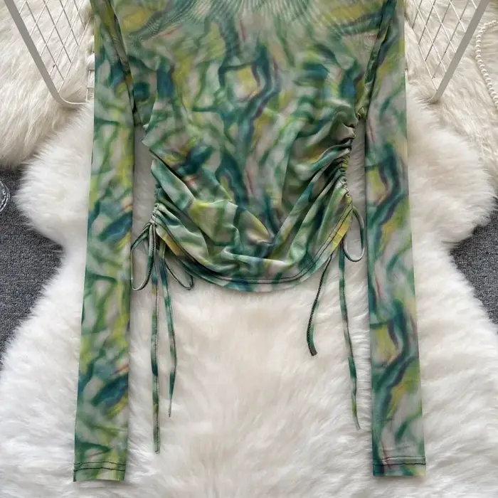 Vinatge Tie-dye T-shirts femmes Sexy mode vacances à manches longues hauts décontracté chemise conception automne printemps femme Streetwear Ins