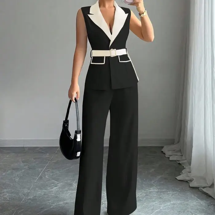 Ensemble pantalon large et gilet blazer élégant sans manches pour femme avec ceinture