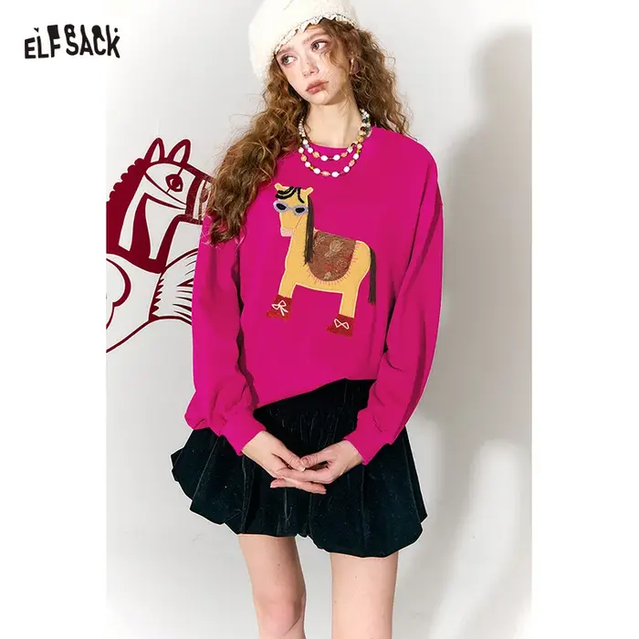 ELFSACK T-shirt à manches longues pour femme avec adorable motif de cheval