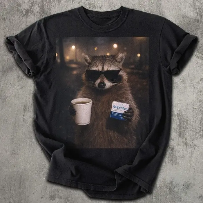 T-shirt humoristique avec motif de raton laveur et Ibuprofène, humoristique matinal, unisexe, motif 