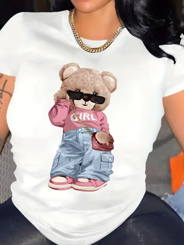 Ours mignon imprimé T-shirt à manches courtes col rond haut décontracté pour l'été et le printemps v