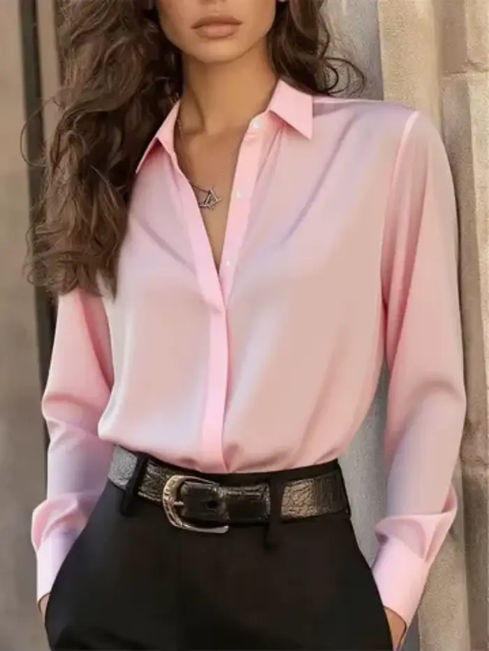 Chemisier boutonné à manches longues pour femme – Haut chic de bureau élégant avec col classique et 