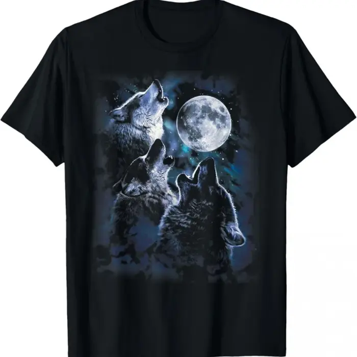 T-shirt bohème pour homme avec motif loup hurlant sur la lune, col rond noir, coupe décontractée, idéal pour les activités de plein air