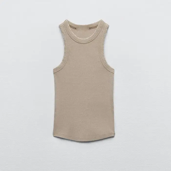 Débardeur côtelé slim délavé sans manches pour femme – Tendance, décontracté, longueur basique 50-65