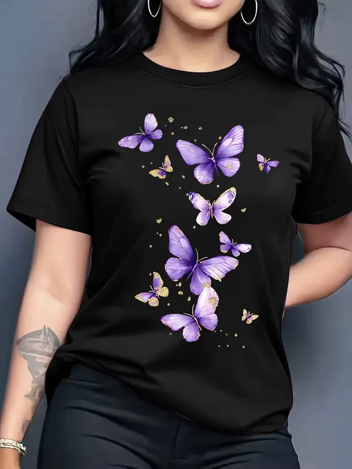 T-shirt imprimé papillon à manches courtes et col rond, haut décontracté pour l'été et le printemps,