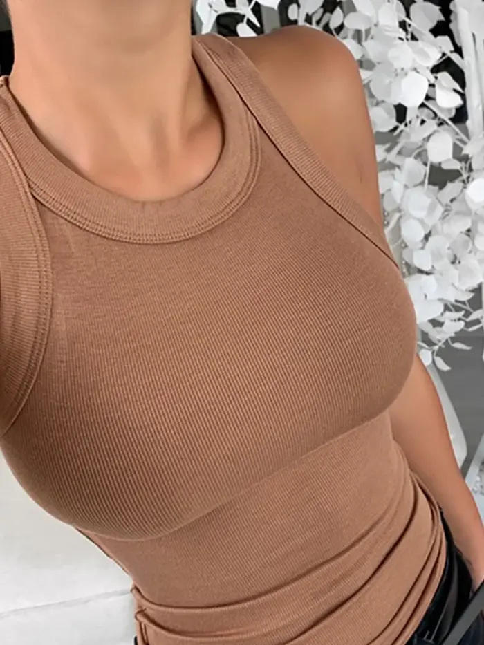 Femmes solide col rond côtelé débardeur Camisole