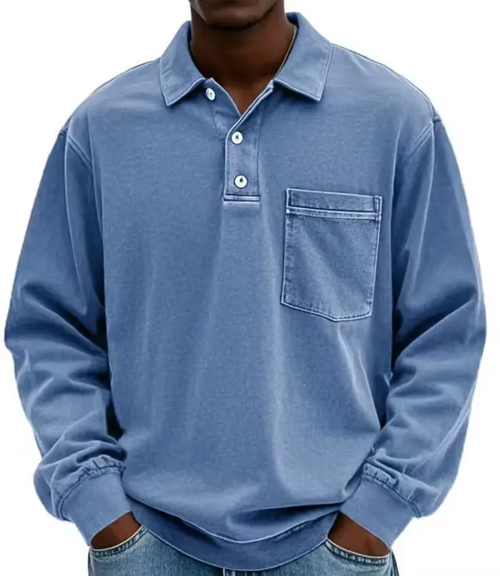 Polo à manches longues gris foncé style rétro américain