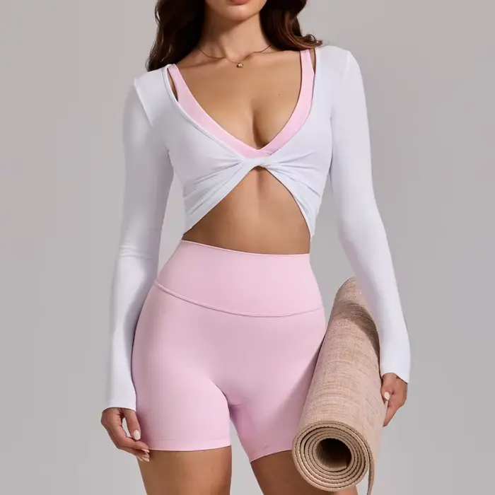 Haut court côtelé moulant pour femme, sexy, à torsion sur le devant, à manches longues, séchage rapi