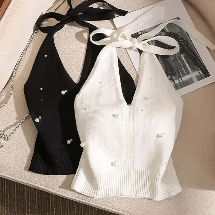 Gilet sans dos en tricot avec perles françaises