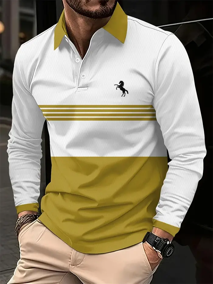 Chemises polo à motif de cheval en couleur contrastée pour hommes Mode d'été Manches longues Chemise