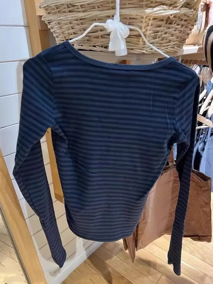 T-shirts à manches longues pour femmes, Vintage américain, rayures, trois boutons, col rond, haut en
