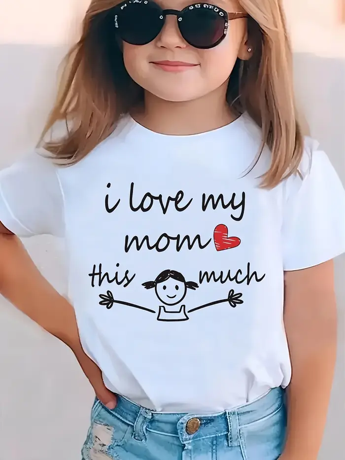 T-Shirt graphique «I LOVE MY MOM THIS MUCH» pour filles, haut d'été décontracté à manches courtes av