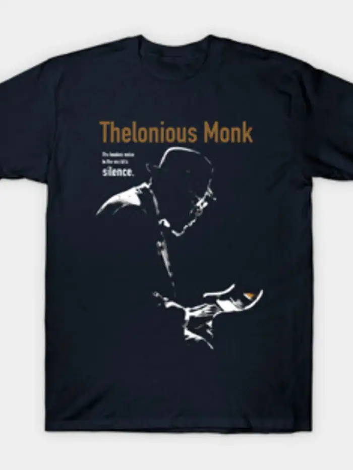 T-shirt noir en coton coupe classique avec silhouette et texte du musicien de jazz Thelonious Monk, 