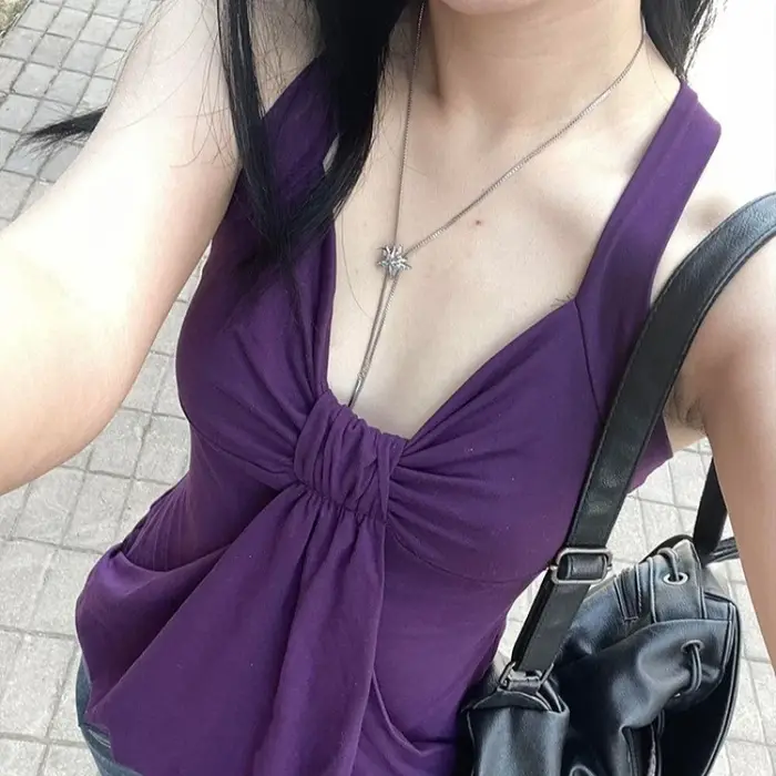 Débardeurs licou violets sexy à col en V sans manches, cintrés à la taille, style coréen, mode été f