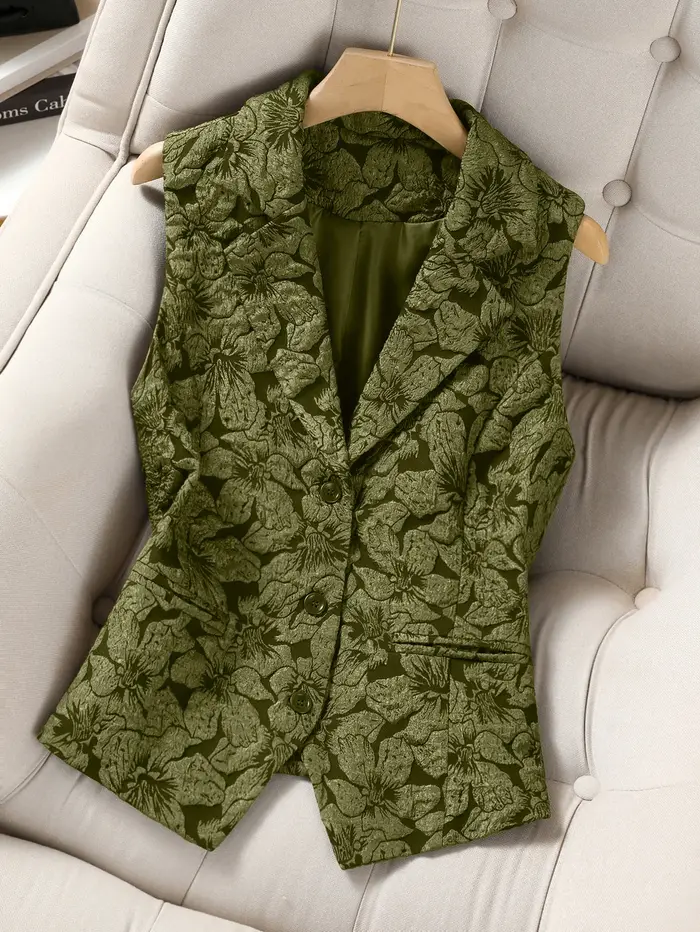 Gilet Blazer Jacquard sans manches pour femmes, gilet boutonné à imprimé Floral Vintage, gilet de co